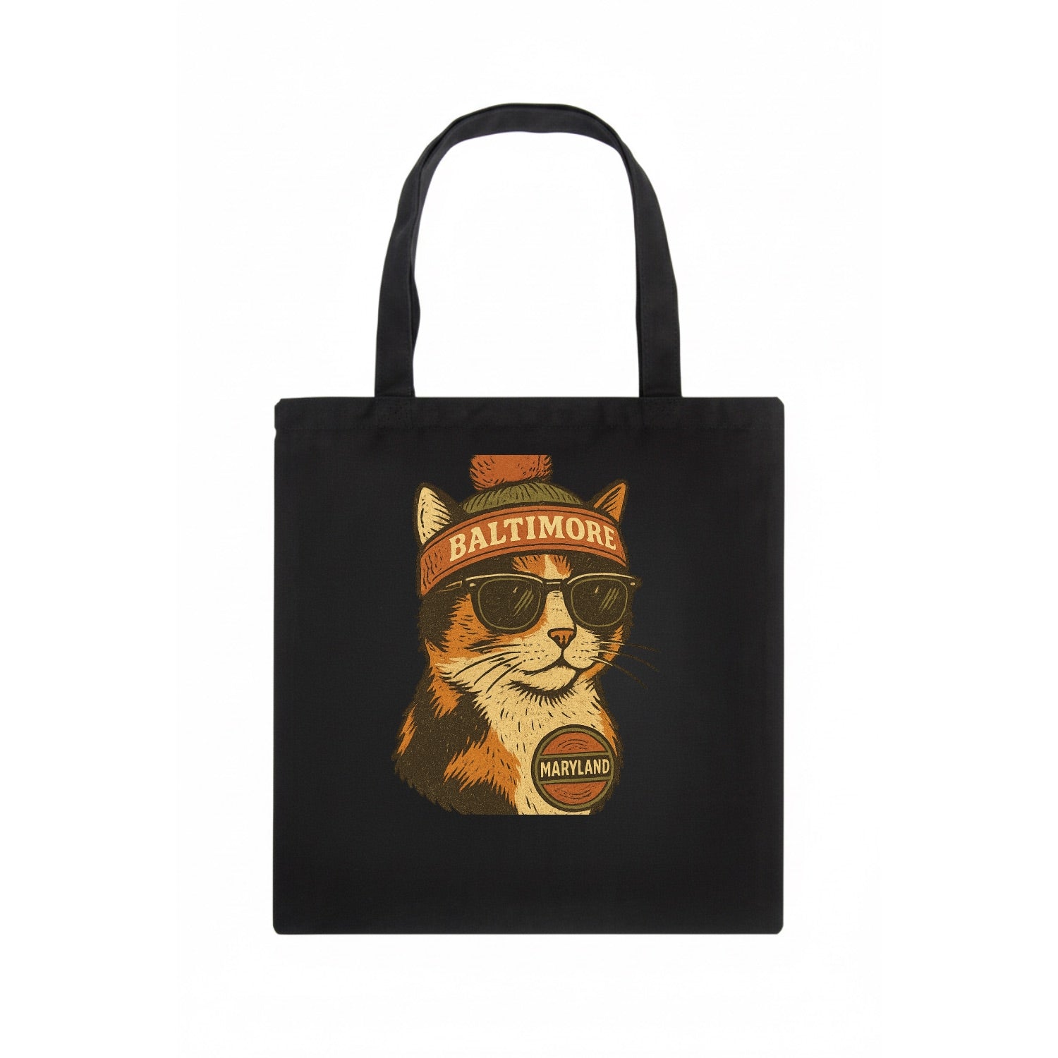 Maryland Calico Cat wearing Baltimore beanie with pom pom and wayfarer sunglasses - Tote Bag - dark