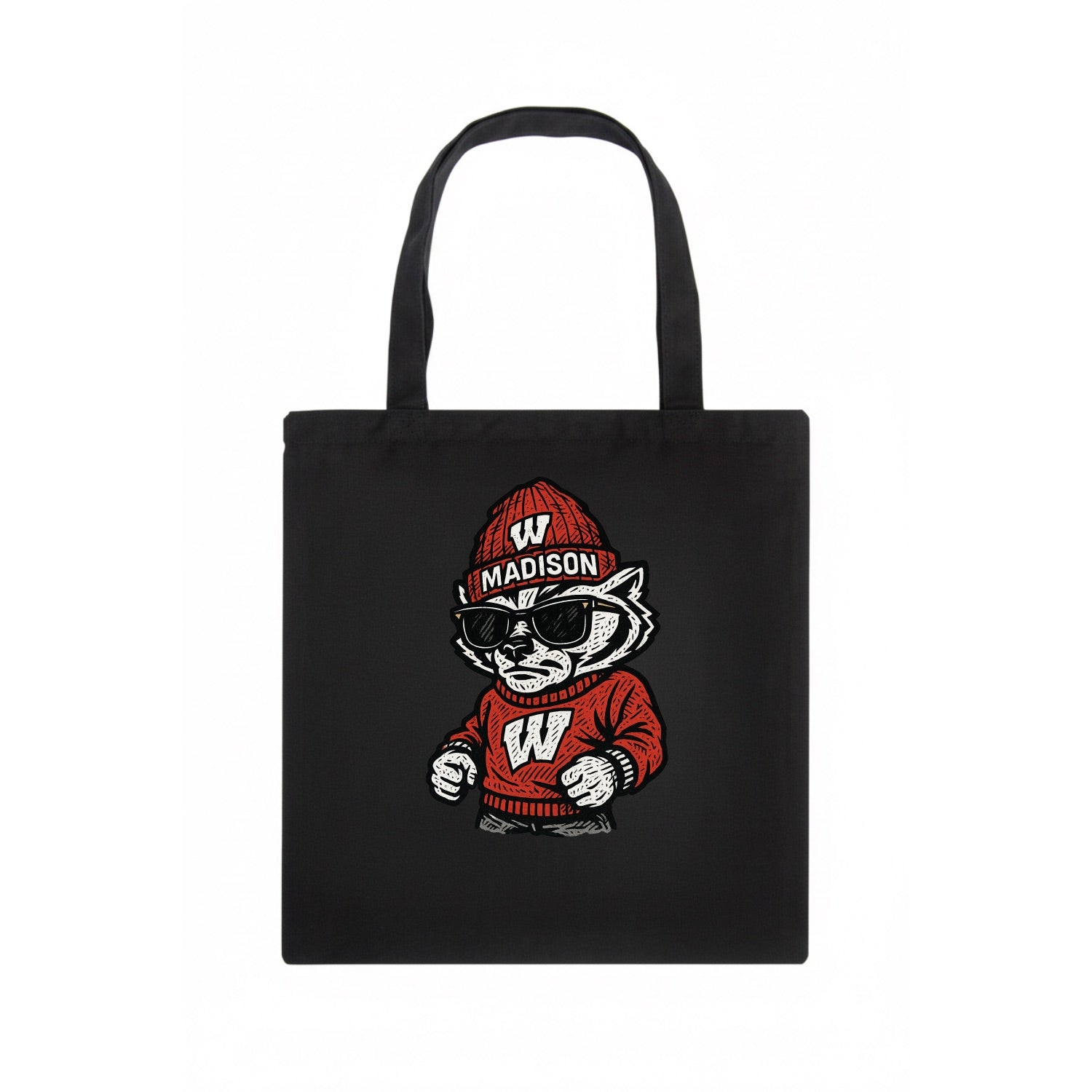 Madison Badger wearing Wisconsin beanie with motion W patch - Tote Bag - dark
