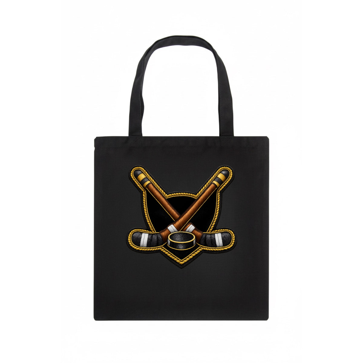 Embroidered patch design - HOCKEY CROSSED STICKS - ice hockey sticks with puck in brown, - Tote Bag - dark