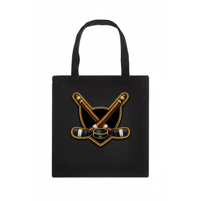 Embroidered patch design - HOCKEY CROSSED STICKS - ice hockey sticks with puck in brown, - Tote Bag - dark