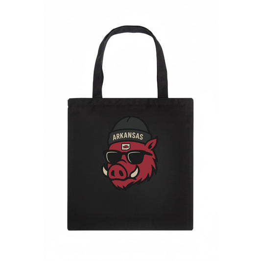 Fayetteville Razorback wearing Arkansas beanie with hog patch - Tote Bag - dark