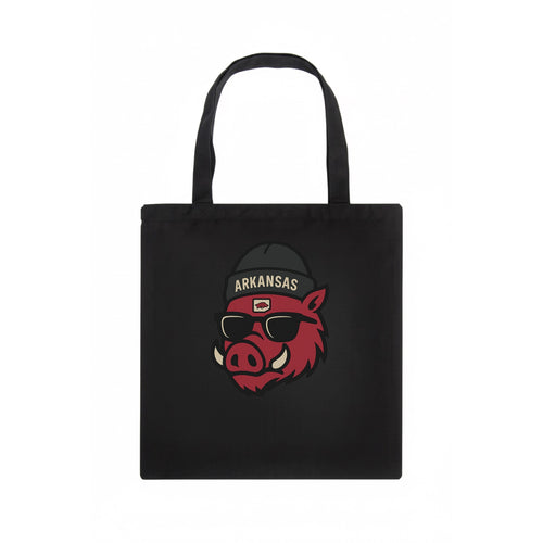 Fayetteville Razorback wearing Arkansas beanie with hog patch - Tote Bag