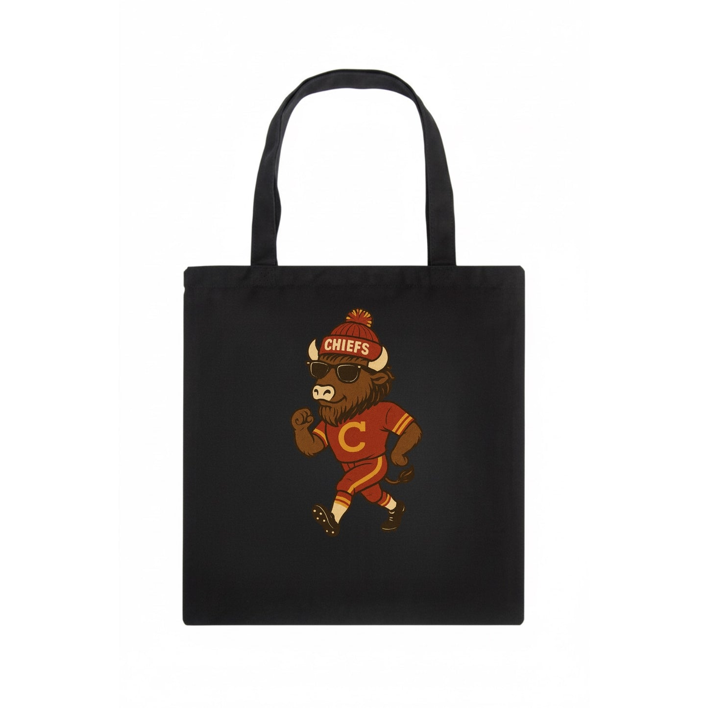 KC Bison wearing Chiefs beanie with arrowhead patch and wayfarer sunglasses - Tote Bag - dark