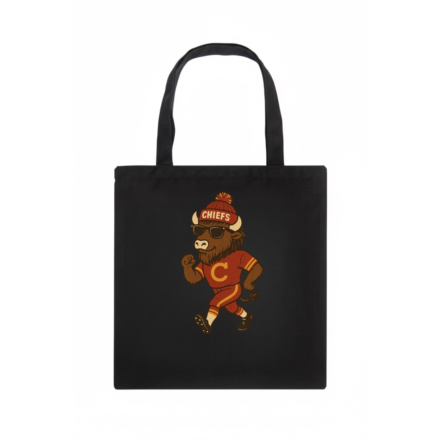 KC Bison wearing Chiefs beanie with arrowhead patch and wayfarer sunglasses - Tote Bag - dark