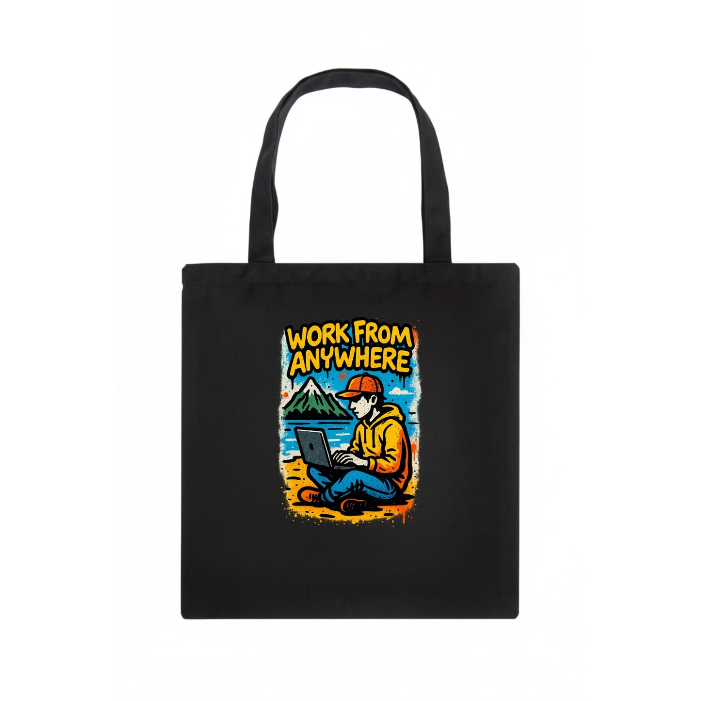 Digital nomad with laptop on beach/mountain - work from anywhere lifestyle, location - Tote Bag - dark