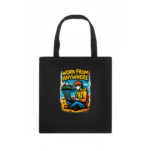 Digital nomad with laptop on beach/mountain - work from anywhere lifestyle, location - Tote Bag