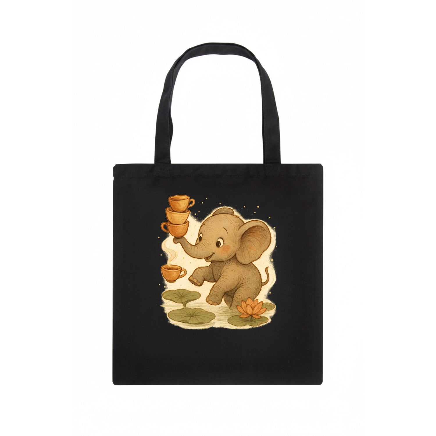 Elephant balancing teacups during a floating tea ceremony beside lotus ponds - Tote Bag - dark