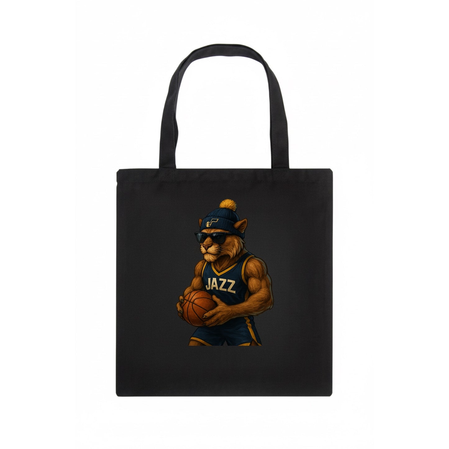 Utah Mountain Lion wearing Jazz navy and yellow beanie with music note and wayfarer - Tote Bag - dark