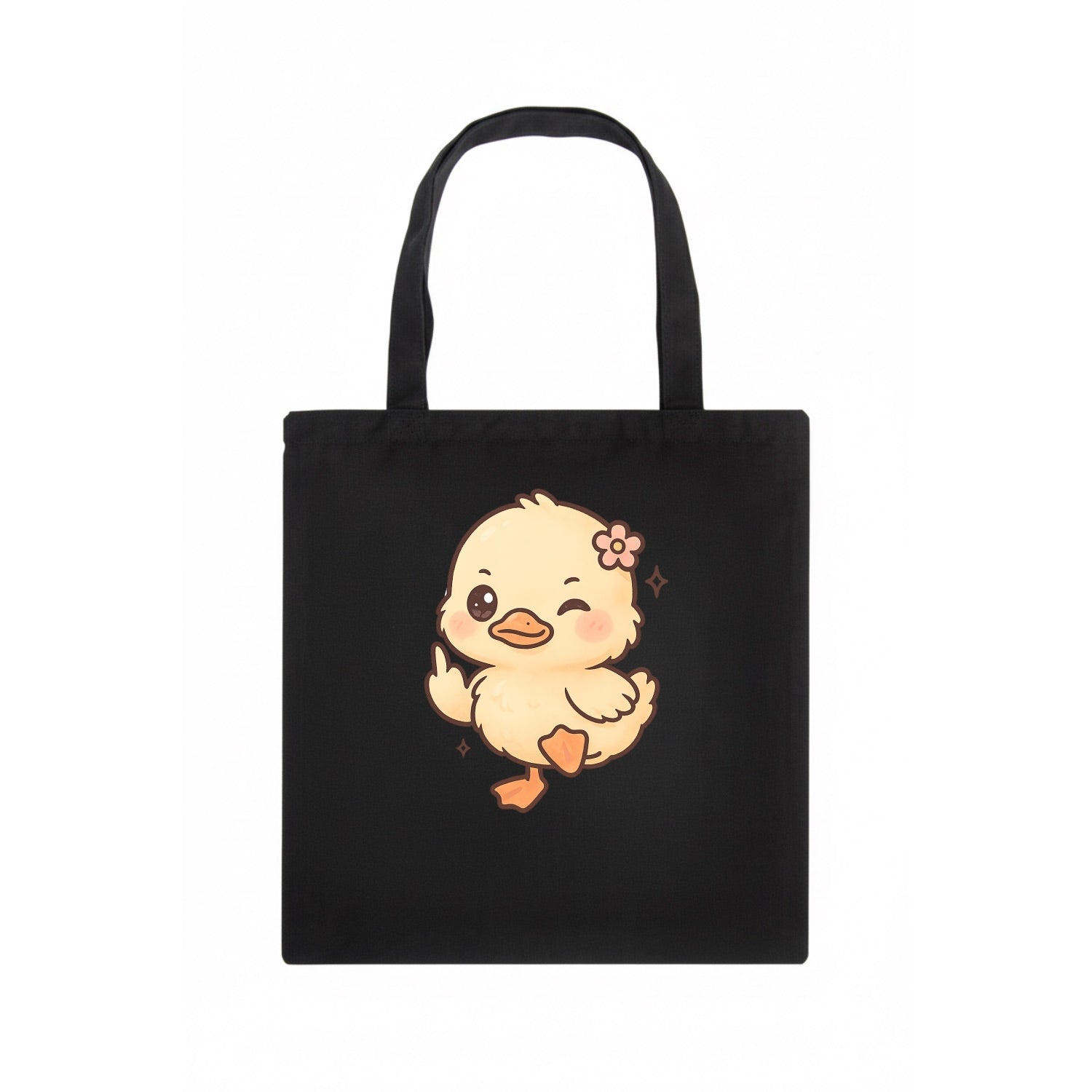 fluffy baby duck with small flower, one webbed foot raised sassily - Tote Bag - dark