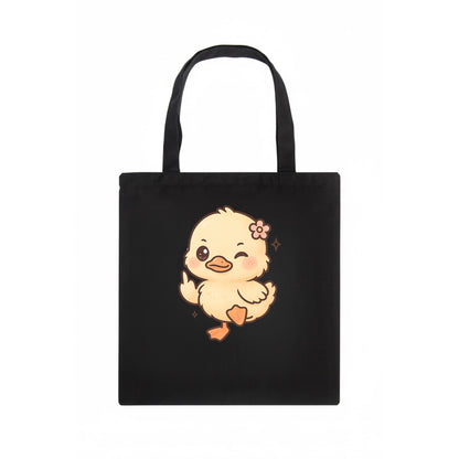 fluffy baby duck with small flower, one webbed foot raised sassily - Tote Bag - dark