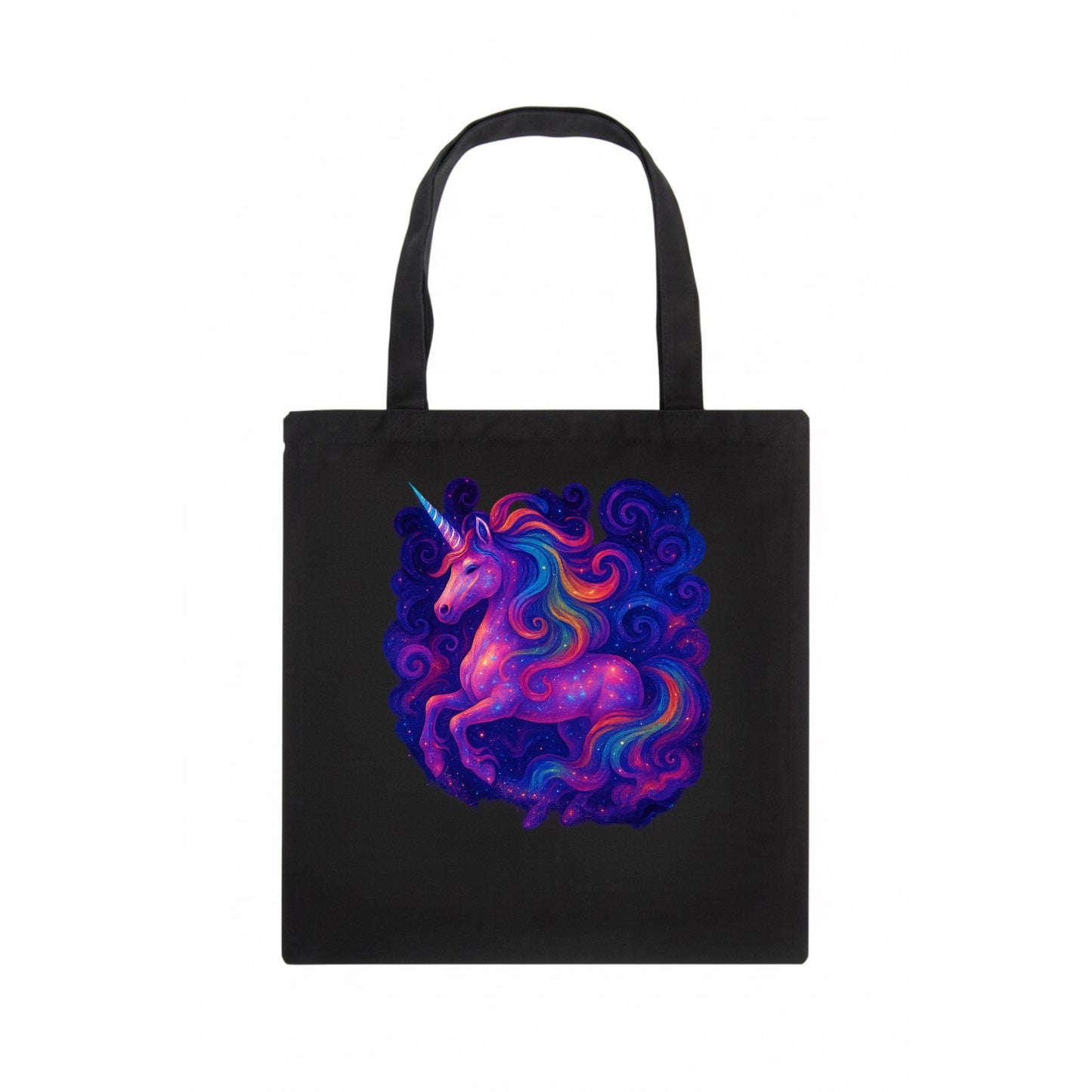 Magical unicorn with flowing rainbow gradient mane, iridescent horn with spiral light - Tote Bag - dark