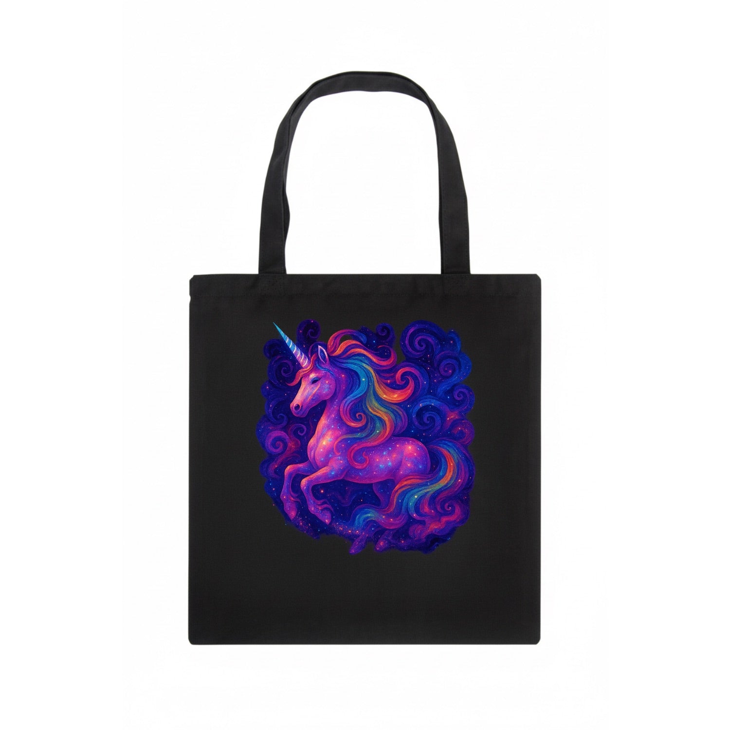 Magical unicorn with flowing rainbow gradient mane, iridescent horn with spiral light - Tote Bag - dark