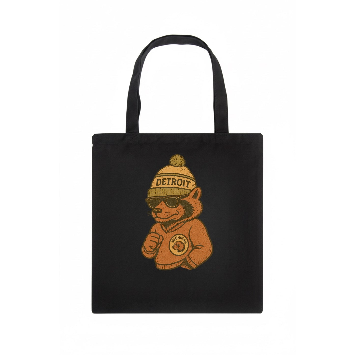 Michigan Wolverine wearing Detroit beanie with pom pom and wayfarer sunglasses - Tote Bag - dark