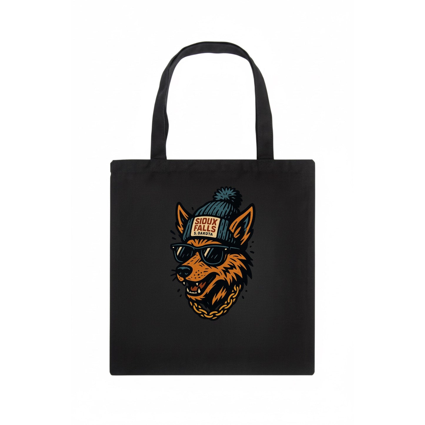 South Dakota Coyote wearing Sioux Falls beanie with pom pom and wayfarer sunglasses - Tote Bag - dark