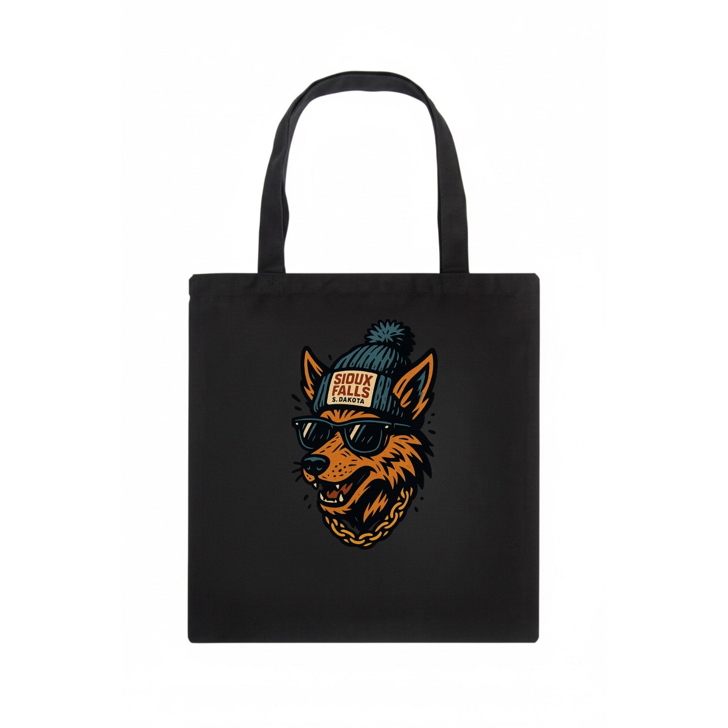 South Dakota Coyote wearing Sioux Falls beanie with pom pom and wayfarer sunglasses - Tote Bag - dark