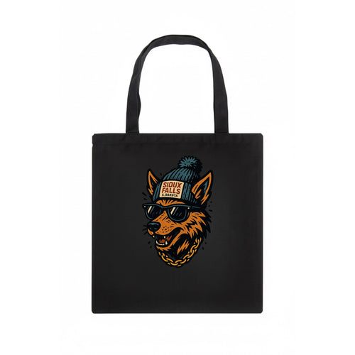 South Dakota Coyote wearing Sioux Falls beanie with pom pom and wayfarer sunglasses - Tote Bag