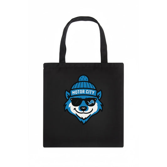 Motor City Wolverine wearing Lions beanie with gear patch and wayfarer sunglasses - Tote Bag - dark