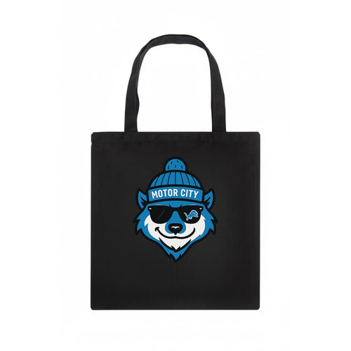 Motor City Wolverine wearing Lions beanie with gear patch and wayfarer sunglasses - Tote Bag