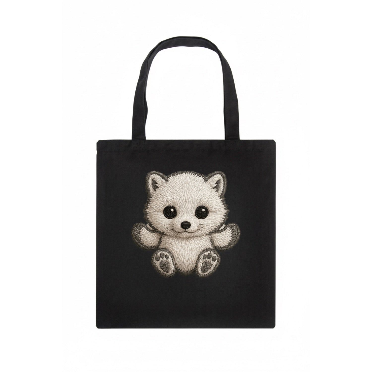 Baby Arctic Fox - white fluffy, tiny black nose, bright curious eyes, front-facing, snow - Tote Bag - dark