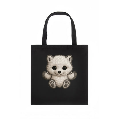 Baby Arctic Fox - white fluffy, tiny black nose, bright curious eyes, front-facing, snow - Tote Bag - dark