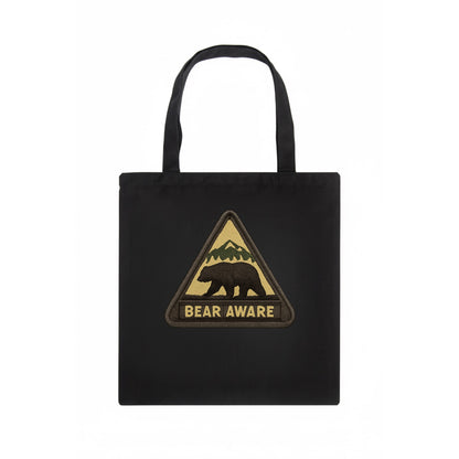 BEAR AWARE - bear silhouette warning in brown and yellow , wilderness safety - Tote Bag - dark