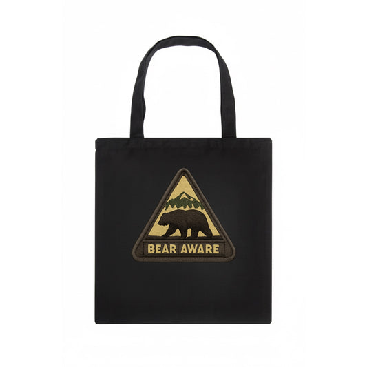 BEAR AWARE - bear silhouette warning in brown and yellow , wilderness safety - Tote Bag - dark