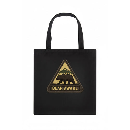 BEAR AWARE - bear silhouette warning in brown and yellow , wilderness safety - Tote Bag