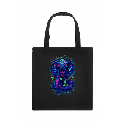 Mesmerizing cobra with hypnotic spiral patterns in the hood, scales that shimmer with - Tote Bag - dark