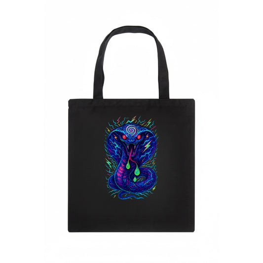 Mesmerizing cobra with hypnotic spiral patterns in the hood, scales that shimmer with - Tote Bag - dark