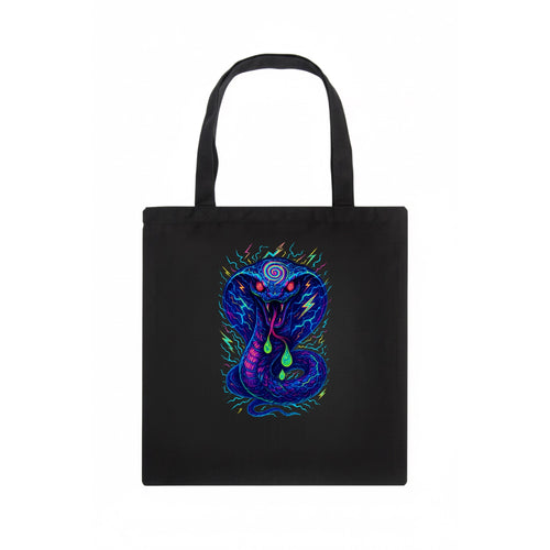 Mesmerizing cobra with hypnotic spiral patterns in the hood, scales that shimmer with - Tote Bag