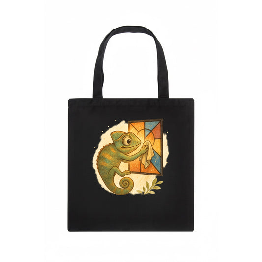 Chameleon blending into a stained-glass window it is polishing with delicate cloths - Tote Bag - dark