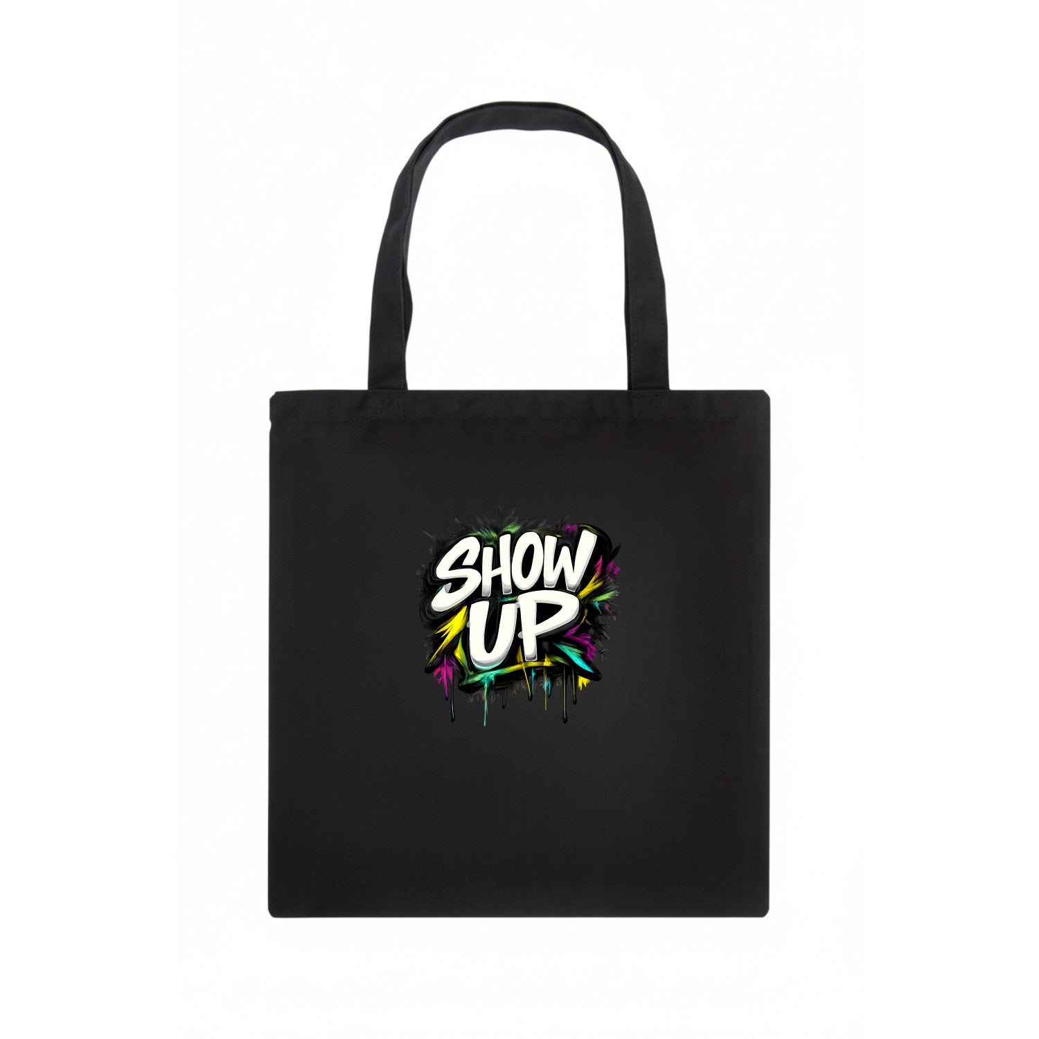 Bold typography design - "SHOW UP" - be present, arrive ready - Tote Bag - dark