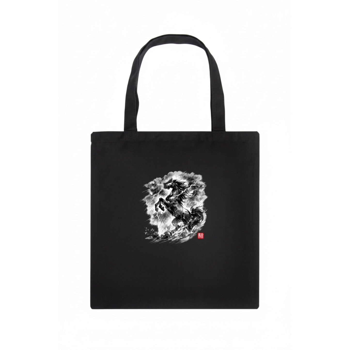 THUNDER HORSE | Storm horse with lightning elements | Dramatic storm clouds background | - Tote Bag - dark