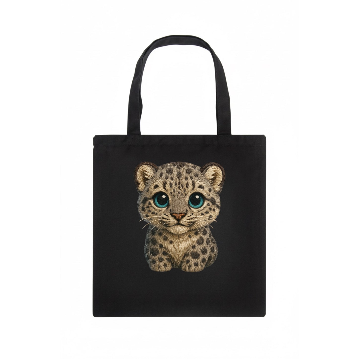 Baby Snow Leopard Cub - gray spotted, thick fur, blue-green eyes, front-facing, mountain - Tote Bag - dark