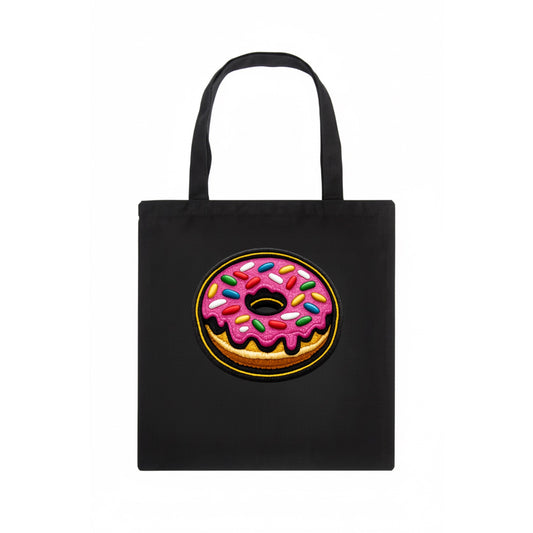 DONUT SPRINKLES - glazed donut with sprinkles in pink and rainbow , sweet treat - Tote Bag - dark