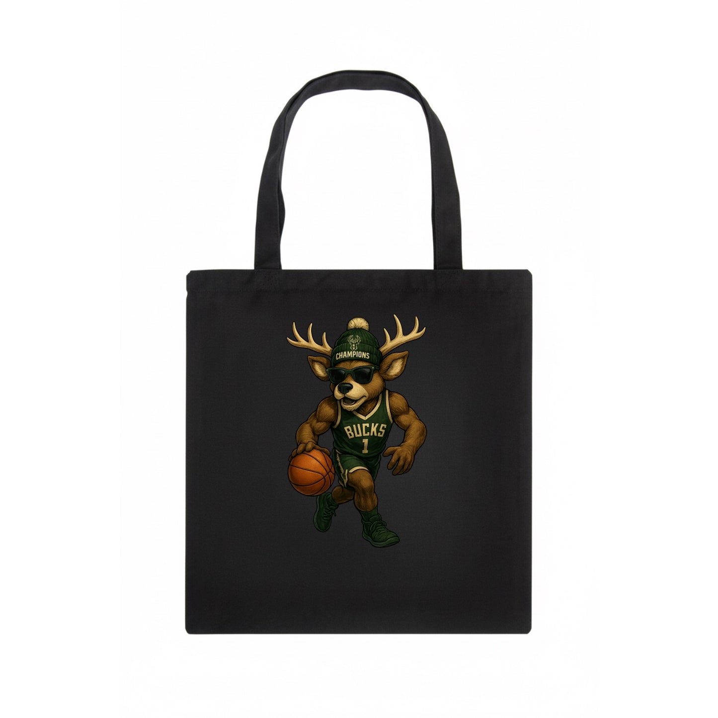 Milwaukee Buck Deer wearing Bucks green and cream beanie with antlers and wayfarer - Tote Bag - dark