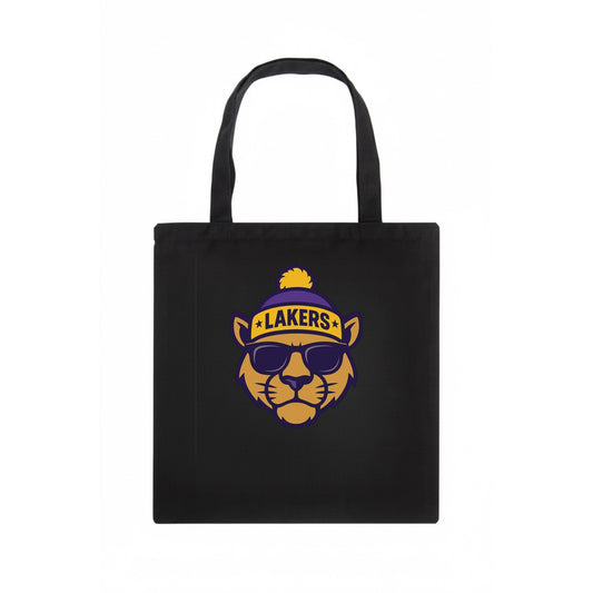 LA Mountain Lion wearing Lakers purple and gold beanie with championship stars and - Tote Bag - dark