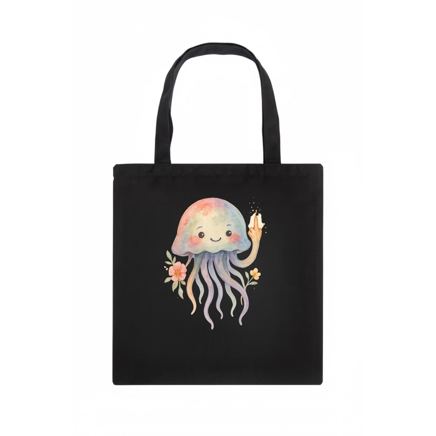 jellyfish with kawaii face and tentacles, one tentacle pointing up defiantly - Tote Bag - dark
