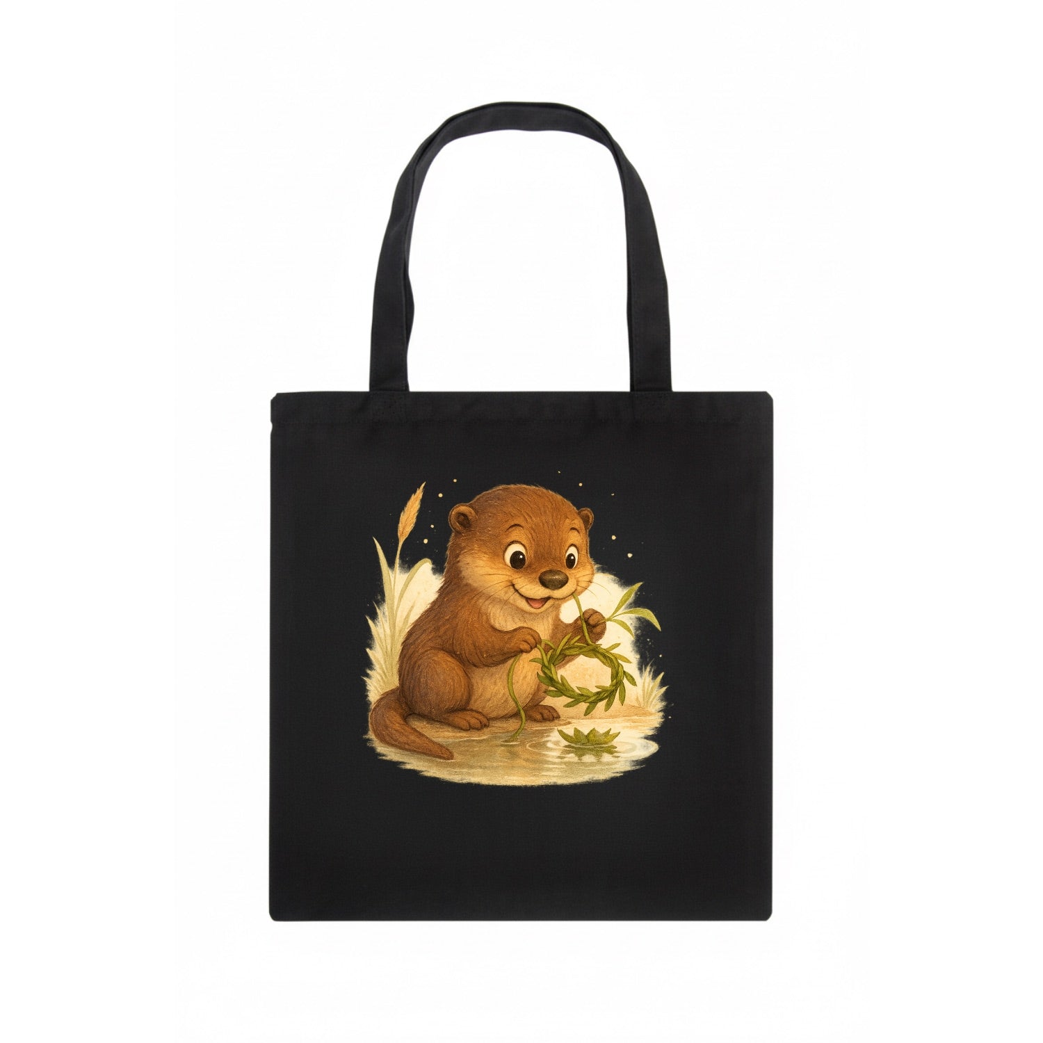 Otter weaving river reeds into a floating crown beside mirror-still water - Tote Bag - dark