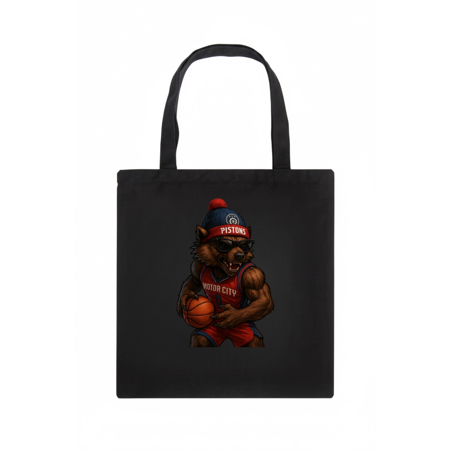 Motor City Wolverine wearing Pistons beanie with gear patch and wayfarer sunglasses - Tote Bag - dark