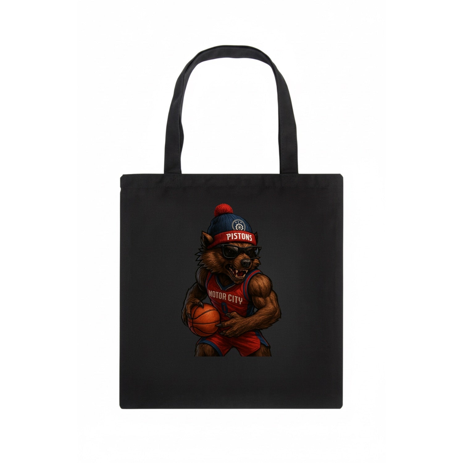 Motor City Wolverine wearing Pistons beanie with gear patch and wayfarer sunglasses - Tote Bag - dark