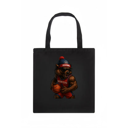 Motor City Wolverine wearing Pistons beanie with gear patch and wayfarer sunglasses - Tote Bag - dark