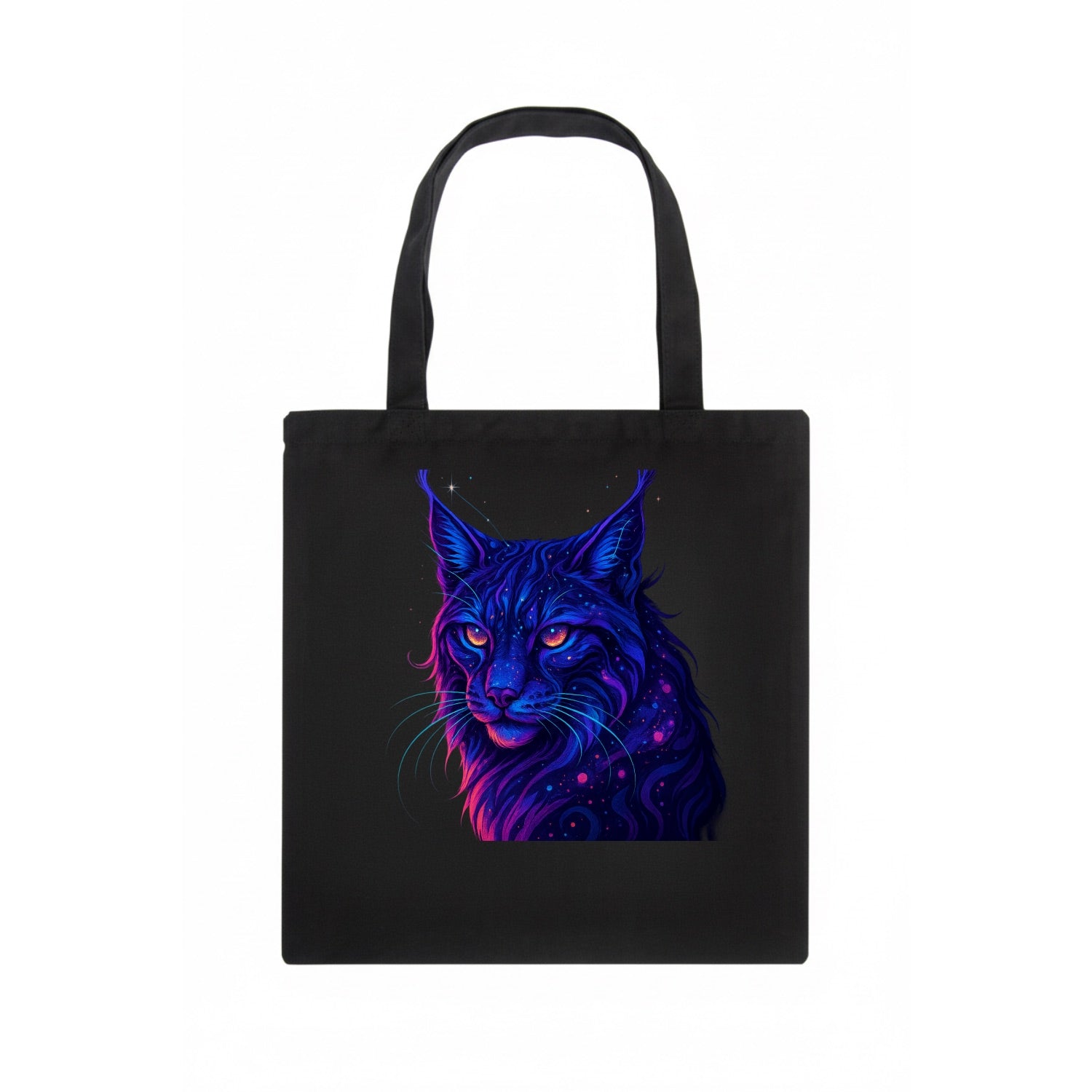 Stealthy lynx with ear tufts forming constellation patterns, nebula spots across the - Tote Bag - dark