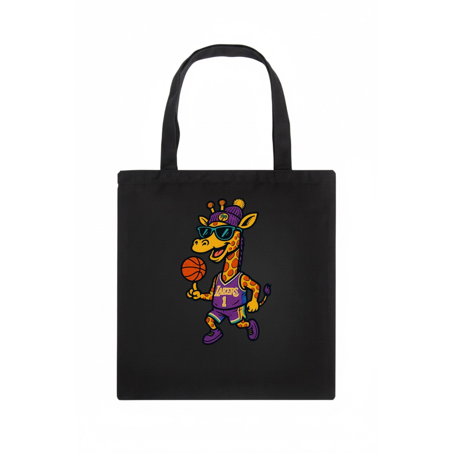 California Giraffe wearing Lakers beanie with palm tree patch and wayfarer sunglasses - Tote Bag - dark