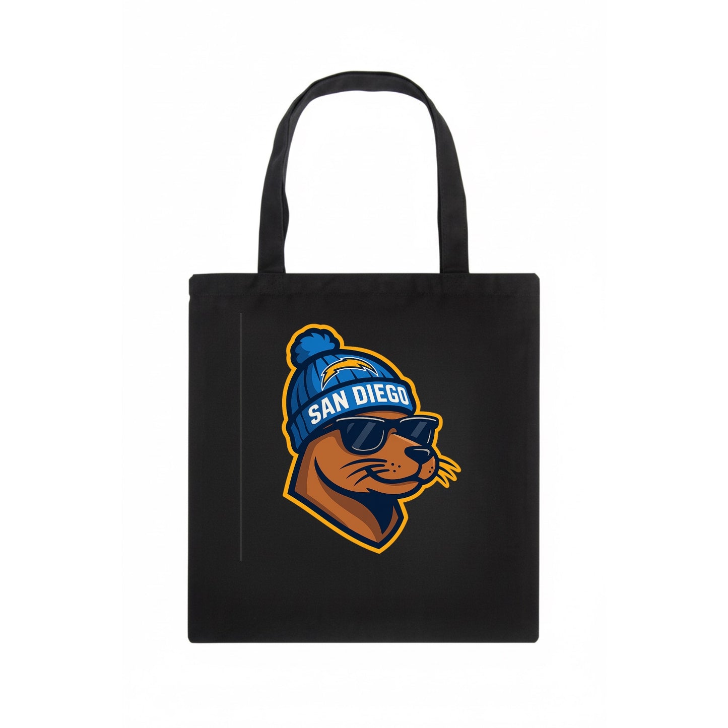 San Diego Sea Lion wearing Chargers beanie with bolt patch and wayfarer sunglasses - Tote Bag - dark