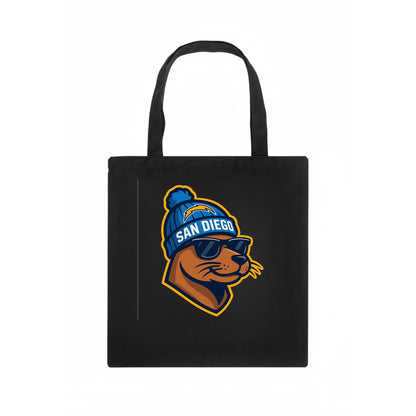 San Diego Sea Lion wearing Chargers beanie with bolt patch and wayfarer sunglasses - Tote Bag - dark