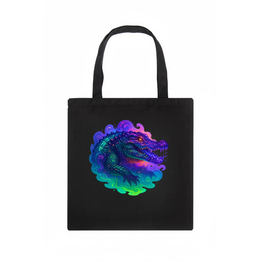 Primordial crocodile with scales pulsing plasma energy in green and purple, ancient - Tote Bag - dark