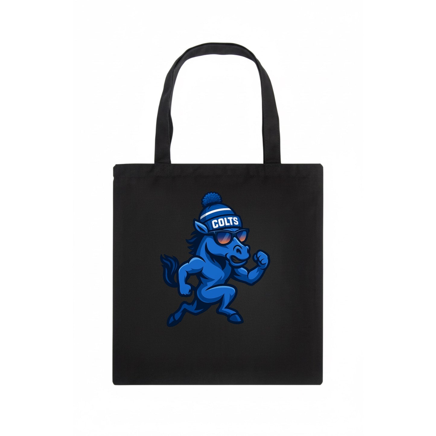 Indianapolis Colt Horse wearing Colts blue and white beanie with pom pom and wayfarer - Tote Bag - dark