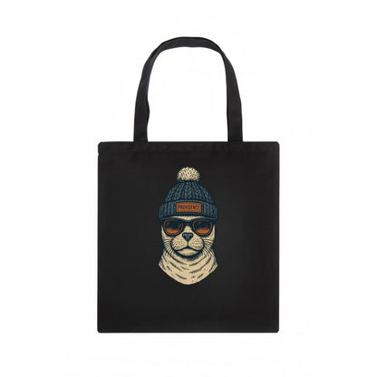 Rhode Island Harbor Seal wearing Providence beanie with pom pom and wayfarer sunglasses - Tote Bag - dark