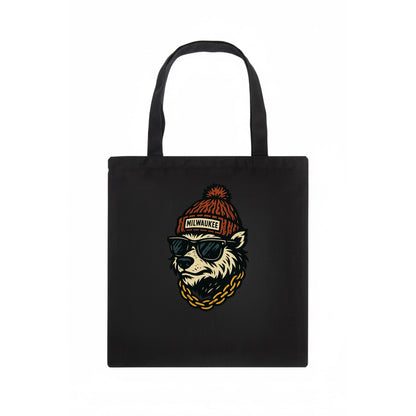Milwaukee Badger wearing Milwaukee beanie with pom pom and wayfarer sunglasses - Tote Bag - dark